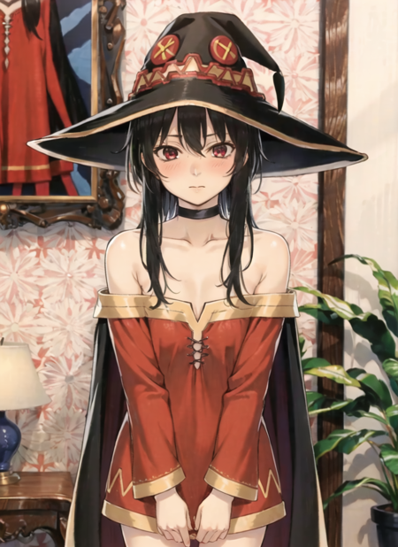 3978521702-471778448-puparia style, megumin, 1girl, bare shoulders, black cape, black gloves, black hair, blush, cape, choker, collarbone, dress, hai.png